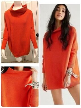 Free People Ottoman Slouchy Sweater Tunic Ribbed Knit Orange Red Oversize Medium